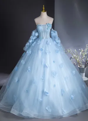 Lovely Blue Tulle with Flowers Long Formal Dress, Blue Evening Gown Sweet 16 Dress