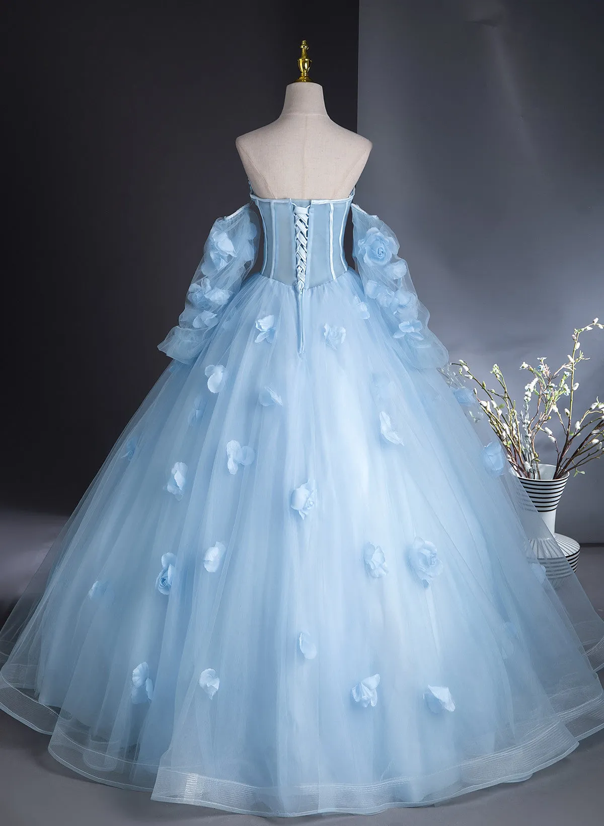 Lovely Blue Tulle with Flowers Long Formal Dress, Blue Evening Gown Sweet 16 Dress