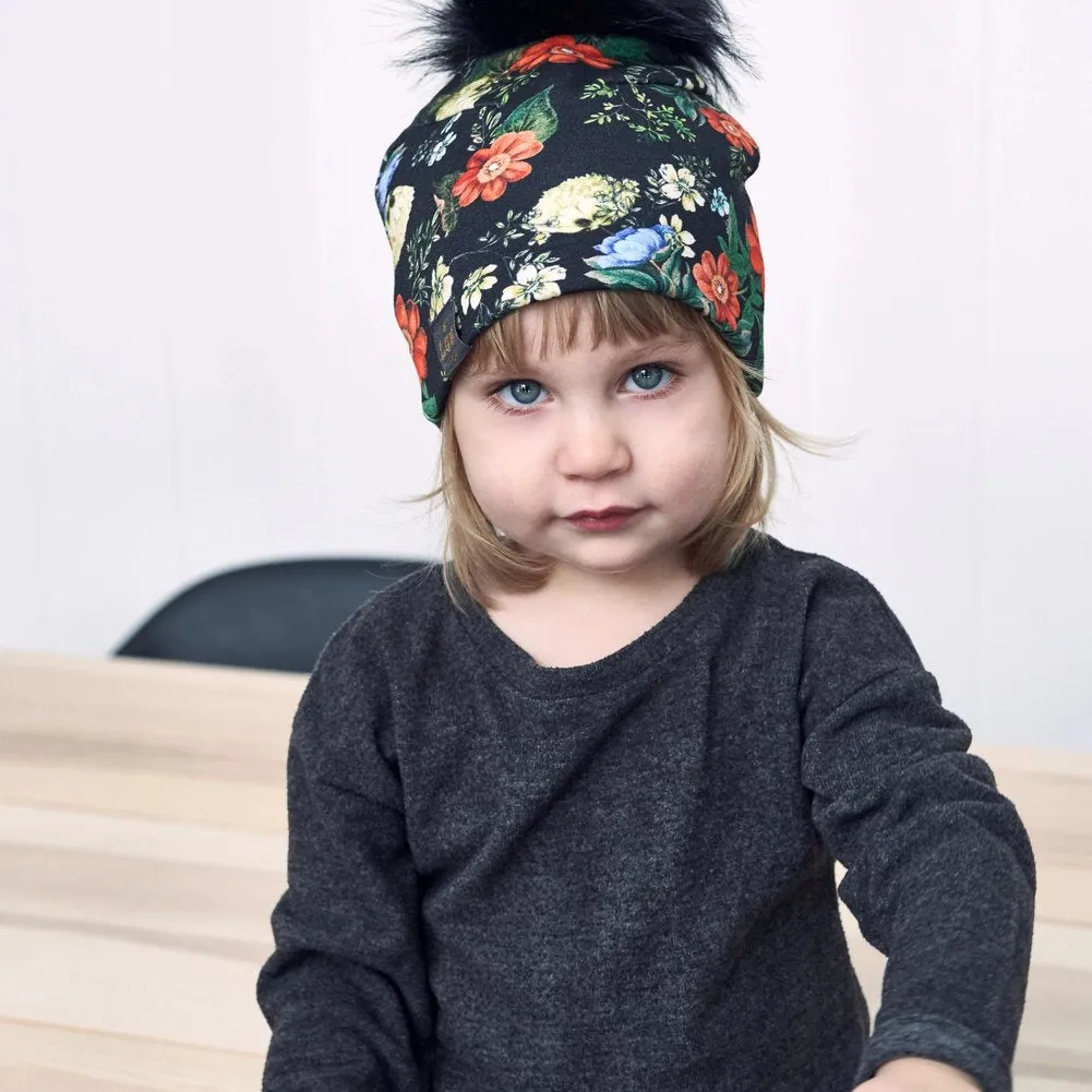 Lox Lion Single Pom Pom Bamboo Beanie - Floral (SM, 4-12 Months)