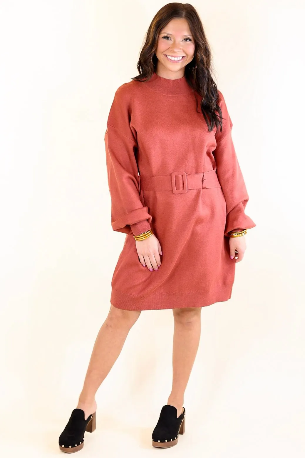 Luxurious Life Sweater Dress with Belt in Rust Red