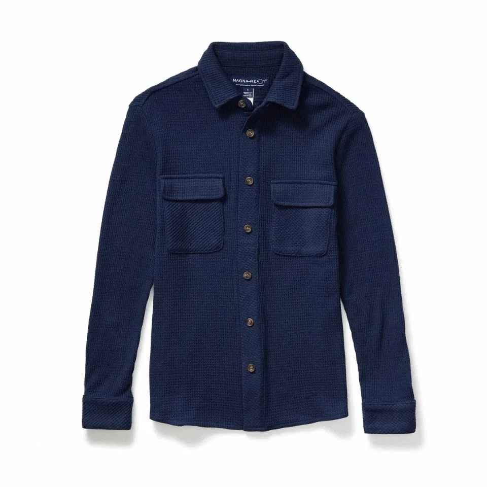 Magnetic Front WaffleWeave Casual Shirt with Dual Pockets in Navy