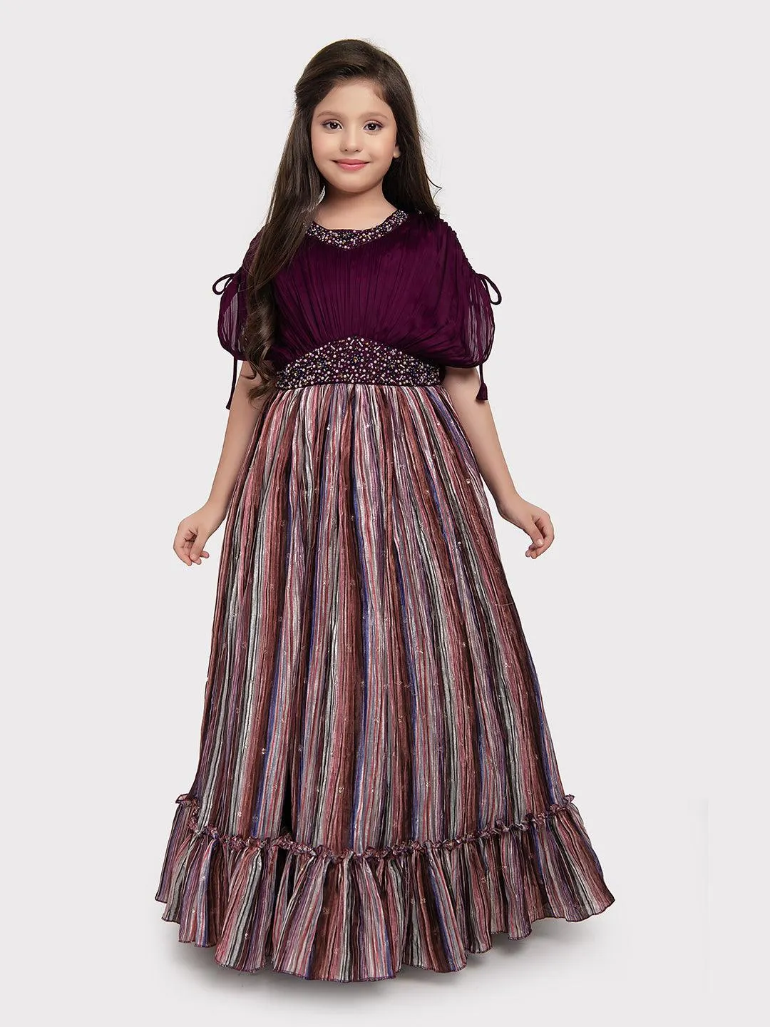 Maroon Coloured Butterfly Style Sleeves Multicolour Striped Gown For Girls