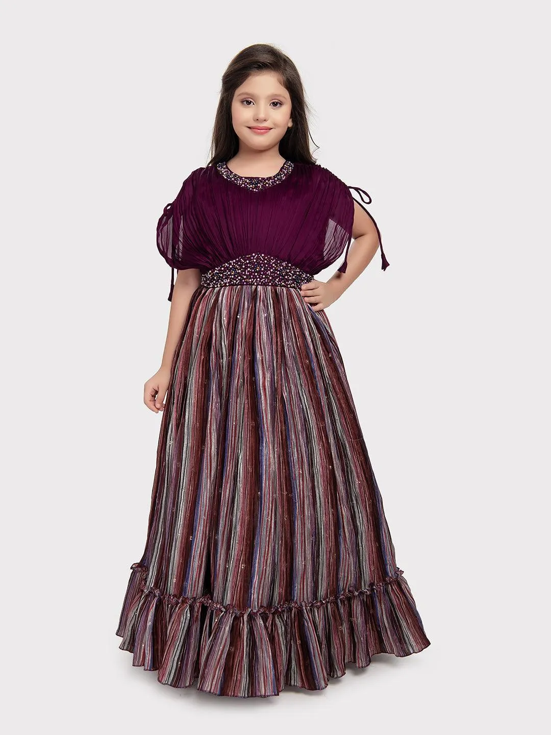 Maroon Coloured Butterfly Style Sleeves Multicolour Striped Gown For Girls