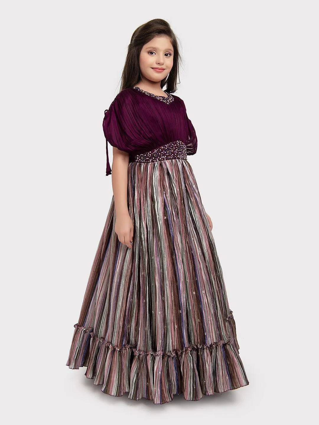 Maroon Coloured Butterfly Style Sleeves Multicolour Striped Gown For Girls