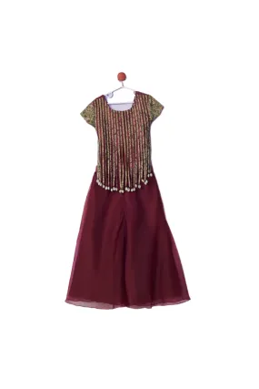 Maroon Shells Fringes Organza Flared Top With Palazzo Set