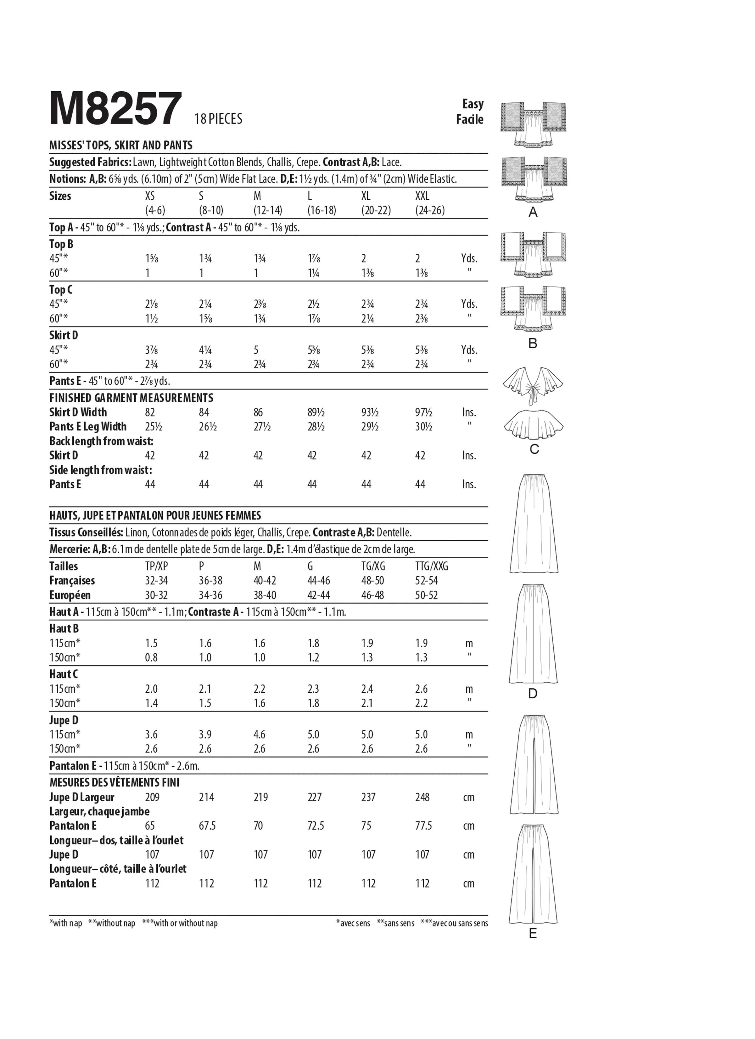 McCall's Pattern M8257 Misses Top Skirt Pants