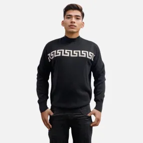 Men's Black Mock Neck Sweater with White Greek Key Pattern | Clearance