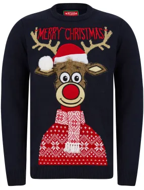 Men's Classic Rudolph Motif Novelty Christmas Jumper in Ink - Merry Christmas