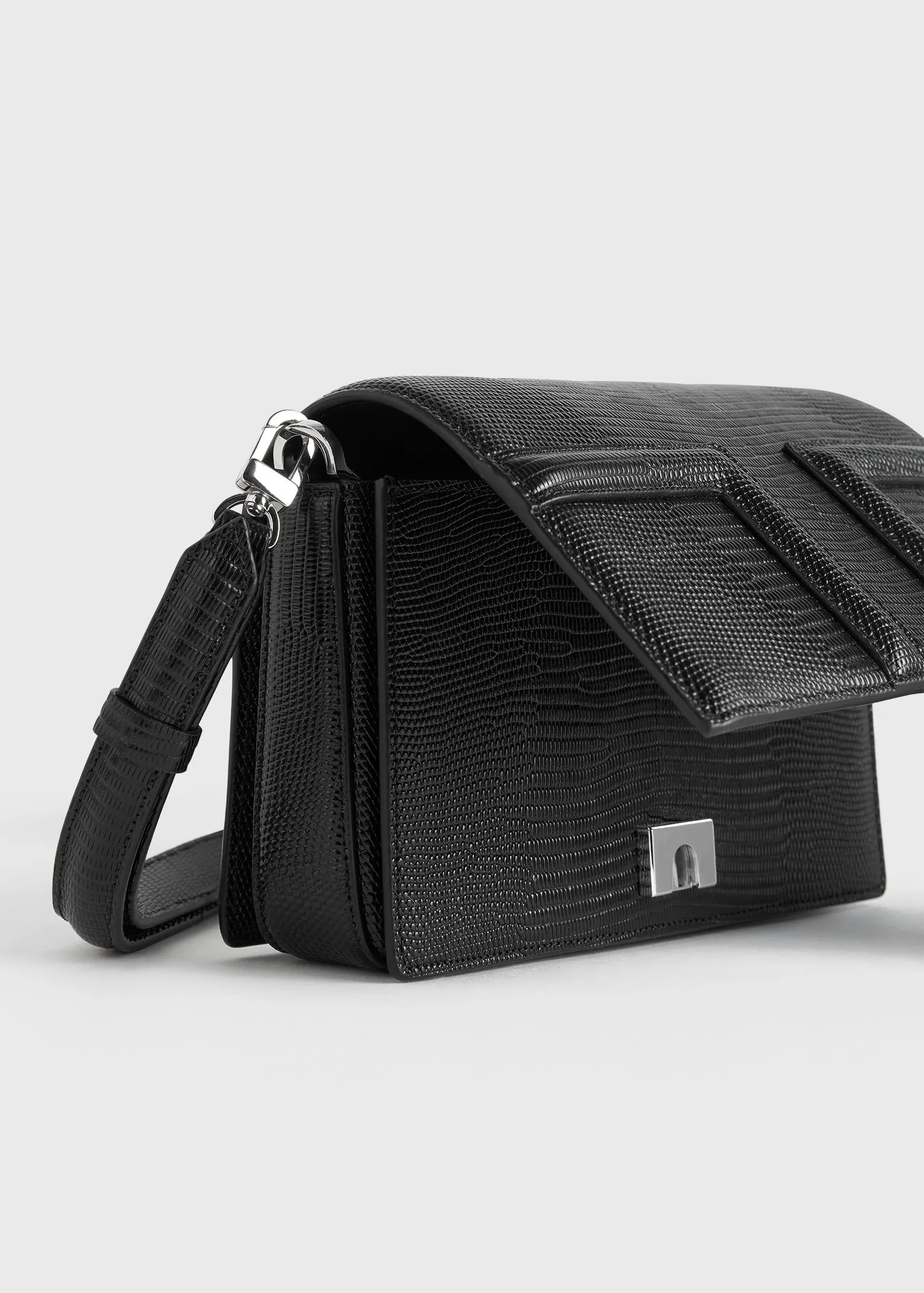 Mini T-flap lizard-embossed bag black