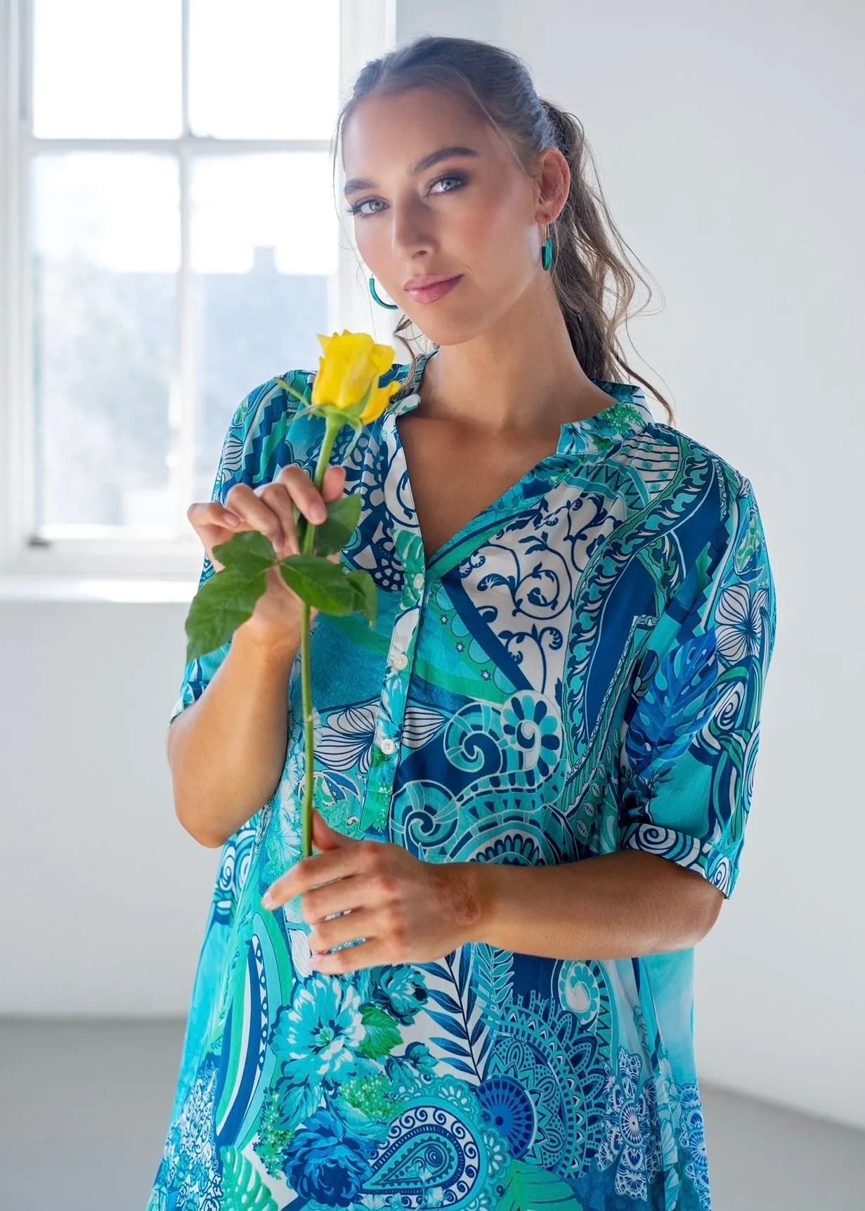 Mira Dress With Paisley Print In Aqua