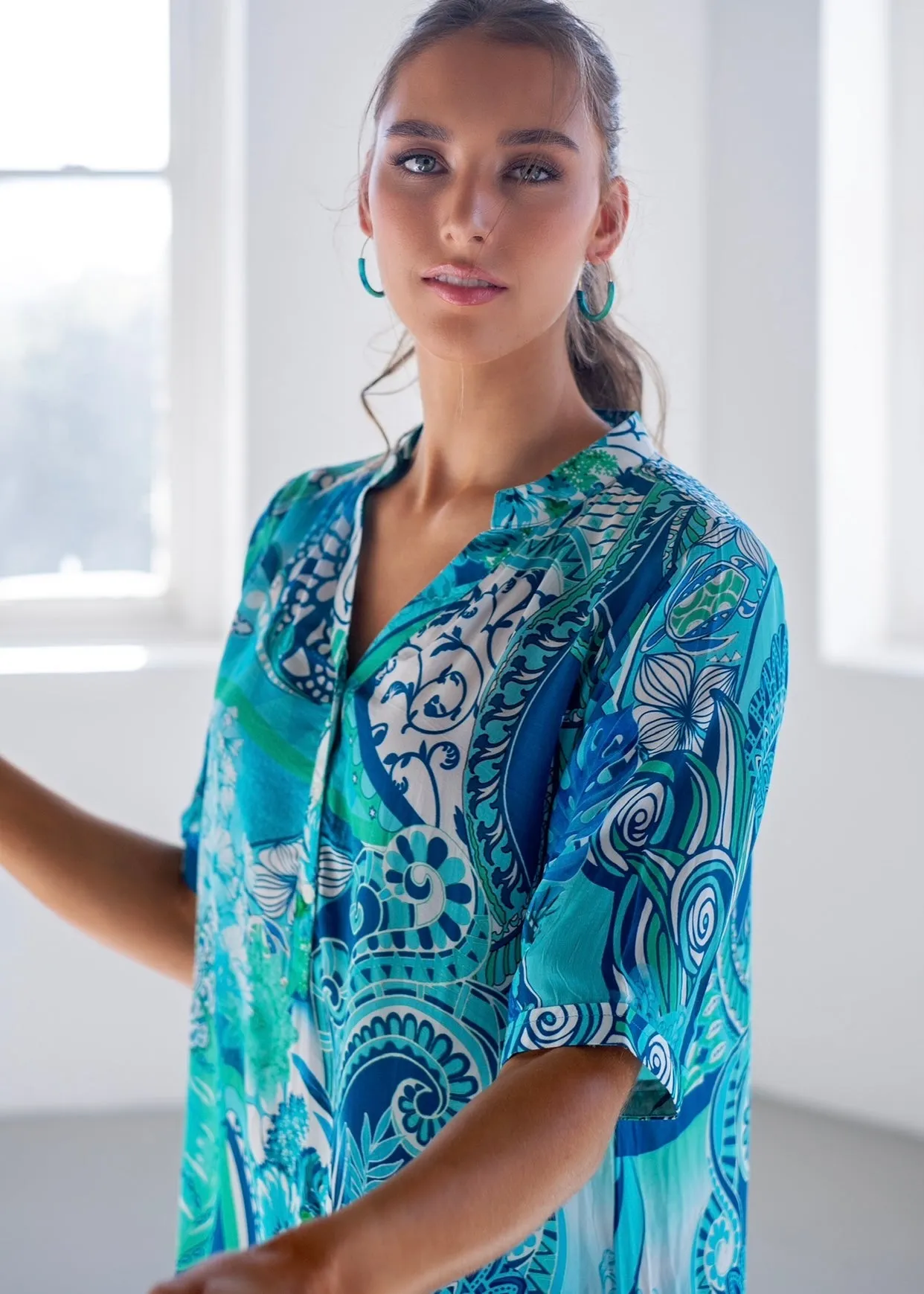 Mira Dress With Paisley Print In Aqua