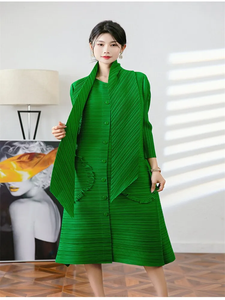 Miyake Pleated Fringe Pocket Midi Dress with Scarf