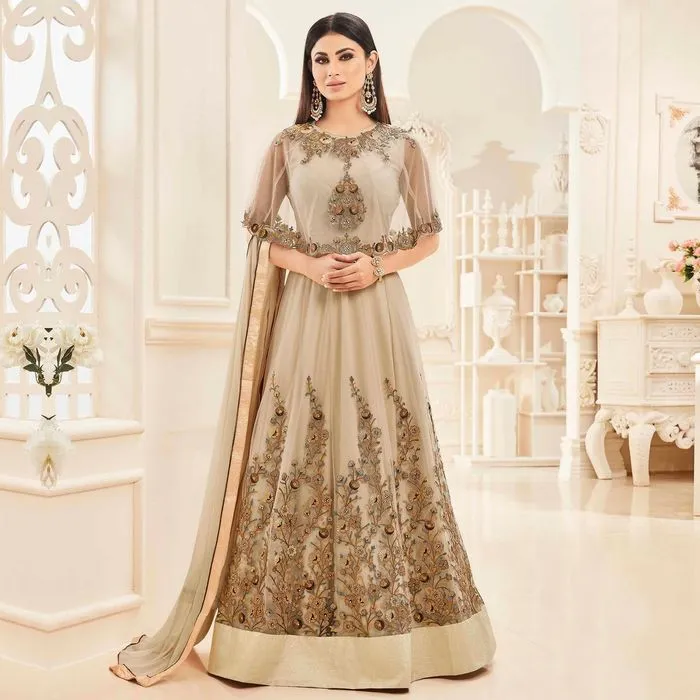 Mouni Roy Beige Cape Style Anarkali Suit