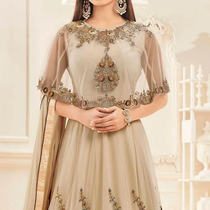 Mouni Roy Beige Cape Style Anarkali Suit