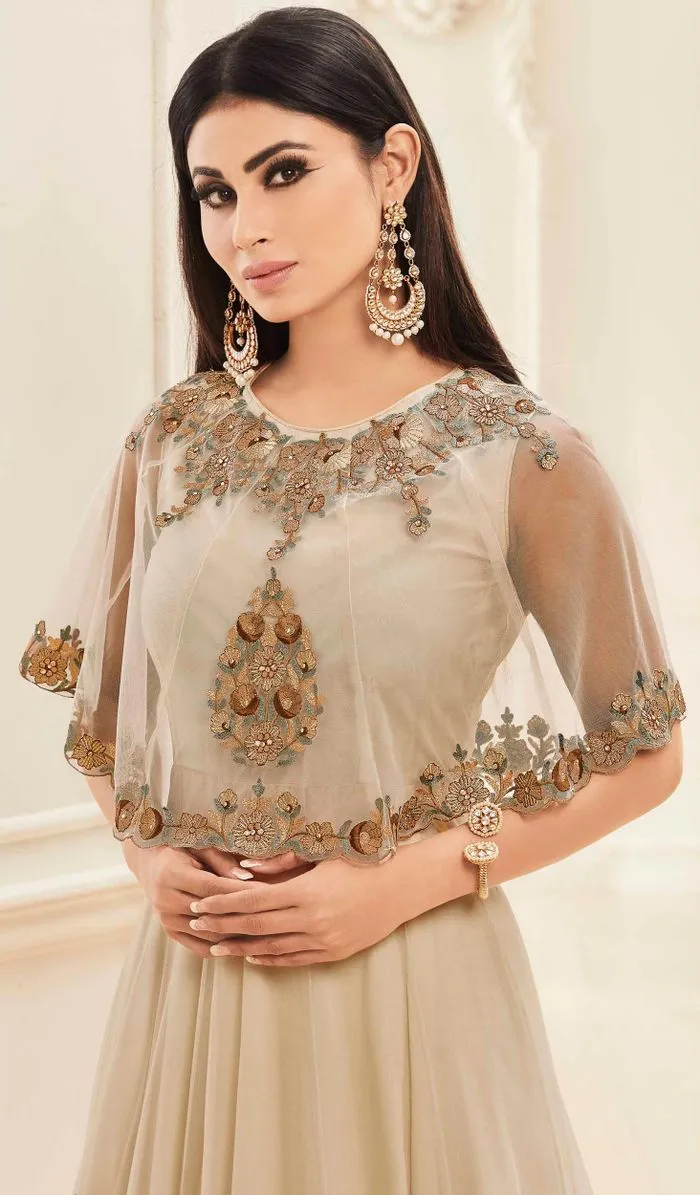 Mouni Roy Beige Cape Style Anarkali Suit