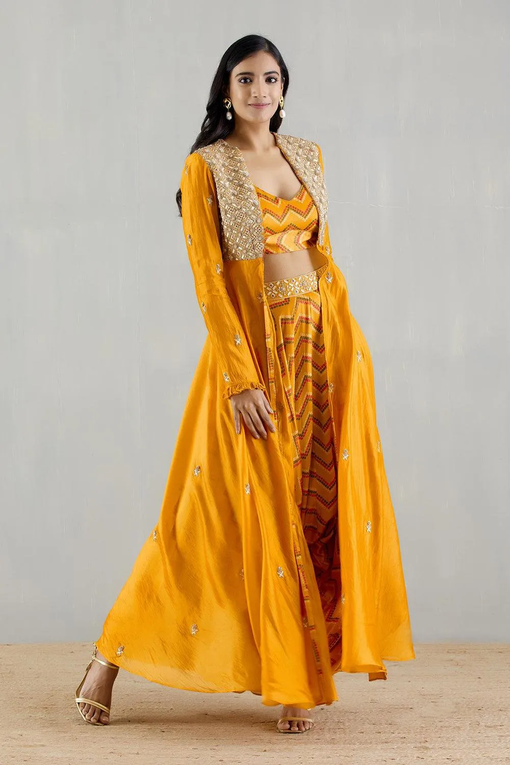 Mustard Embellished Organza Cape With Bralette And Cowl Pants