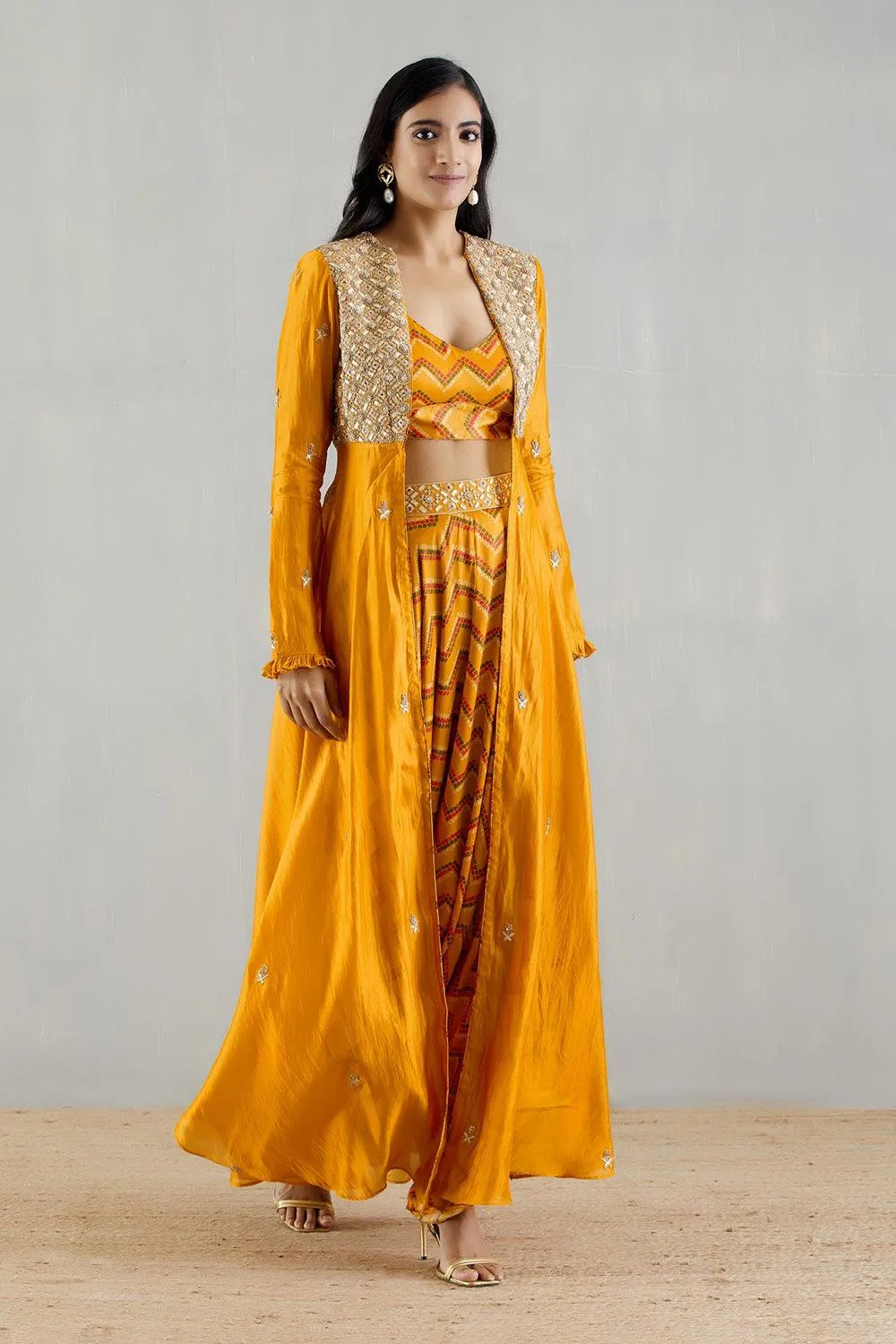 Mustard Embellished Organza Cape With Bralette And Cowl Pants