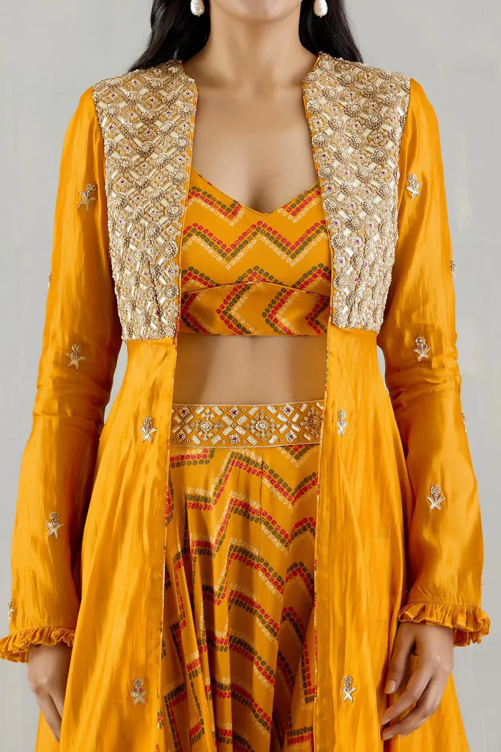 Mustard Embellished Organza Cape With Bralette And Cowl Pants