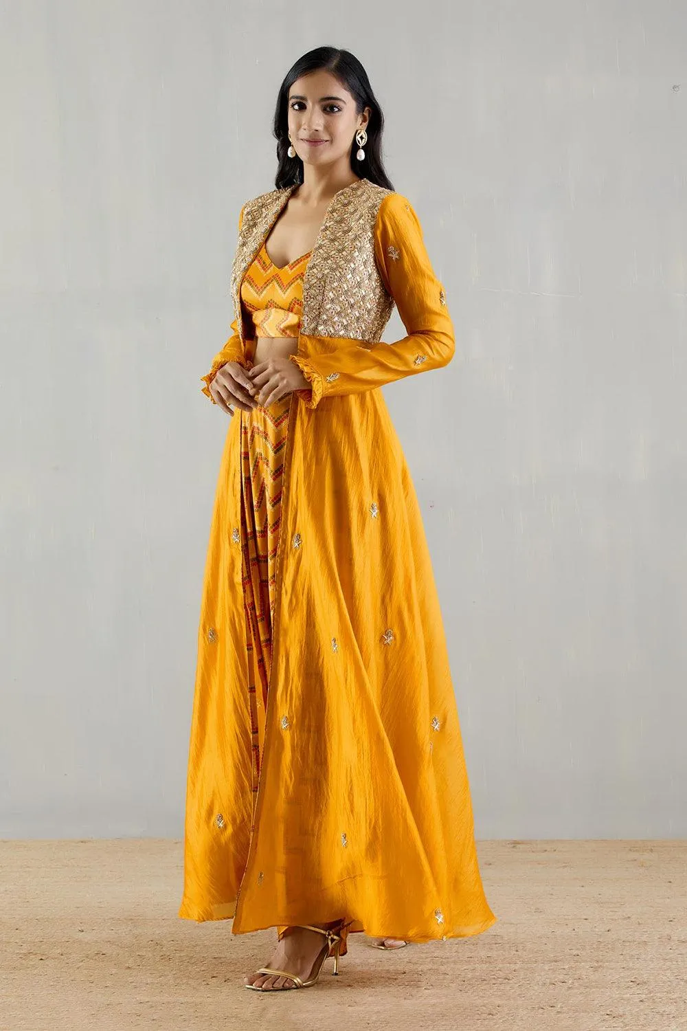 Mustard Embellished Organza Cape With Bralette And Cowl Pants