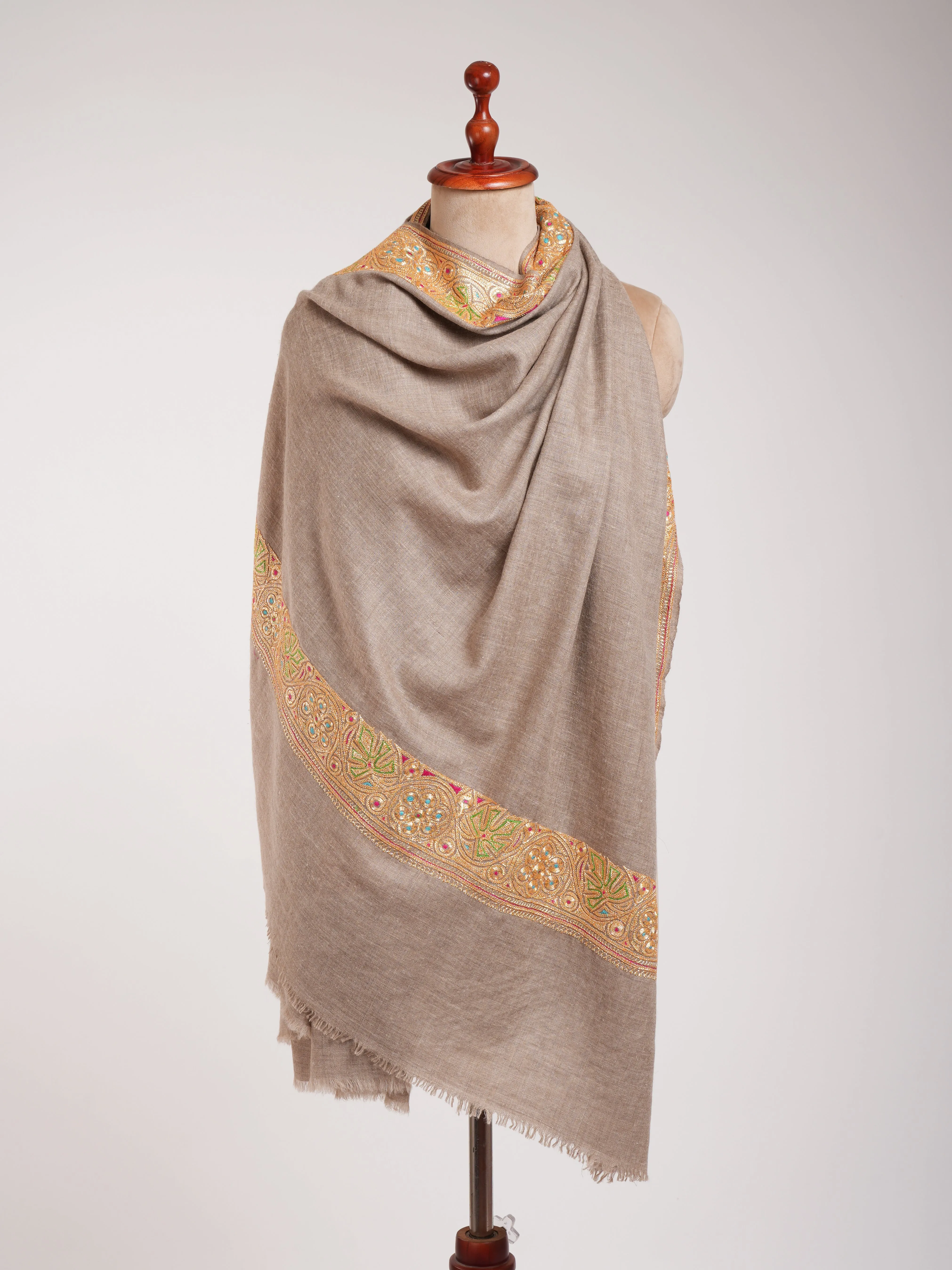 Natural Beige Gold Tilla Embroidered Pashmina Shawl