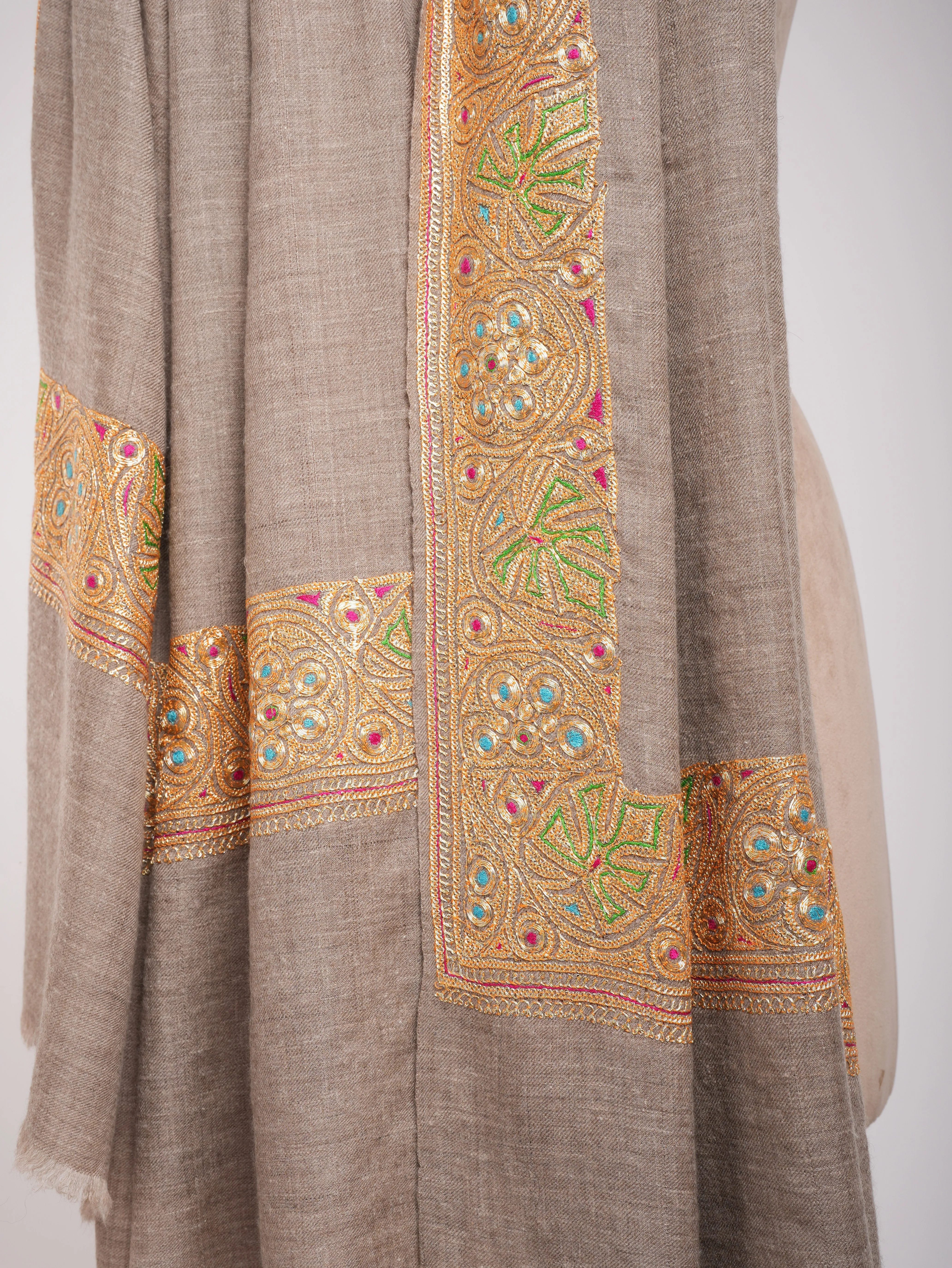 Natural Beige Gold Tilla Embroidered Pashmina Shawl