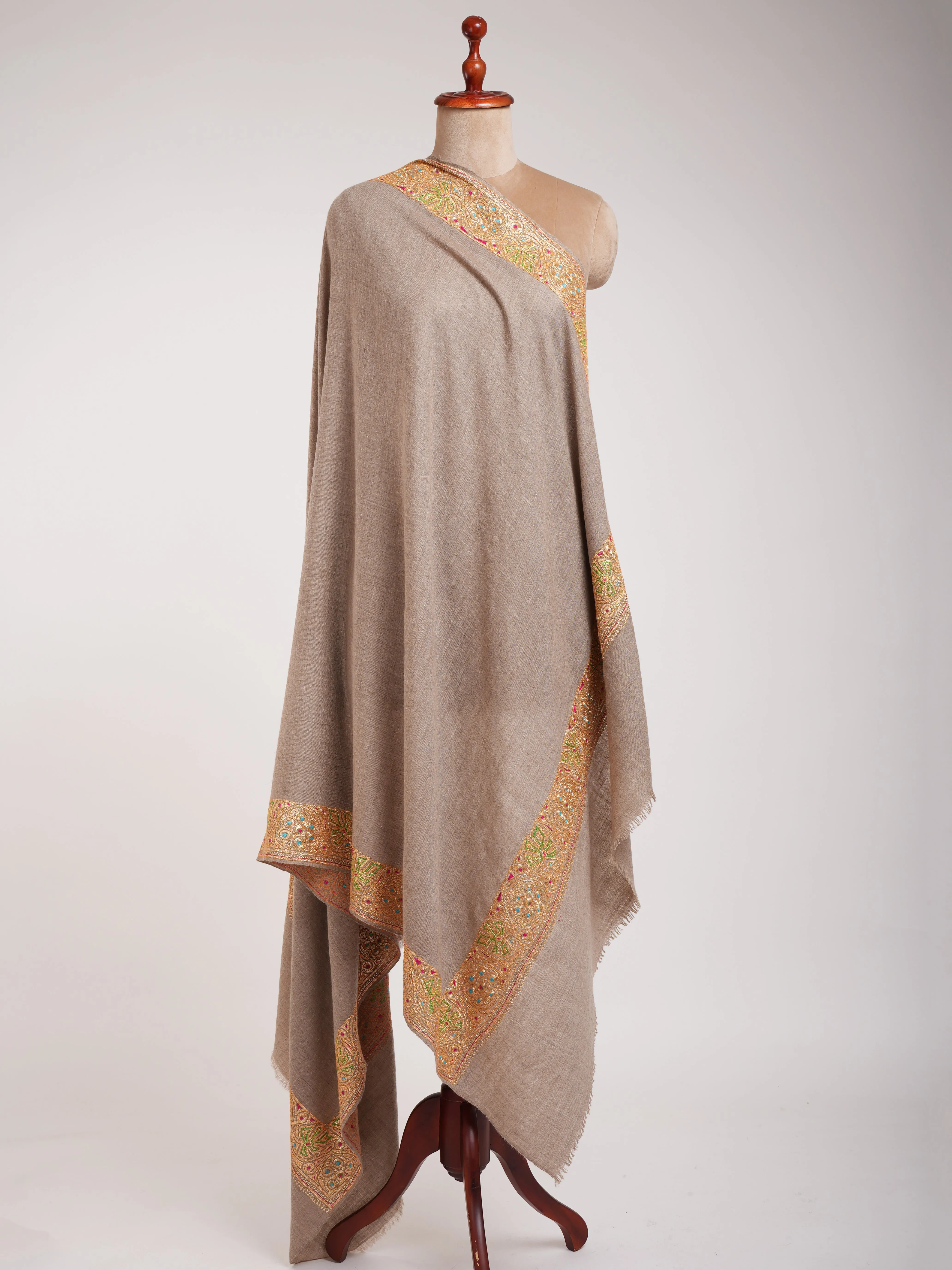 Natural Beige Gold Tilla Embroidered Pashmina Shawl