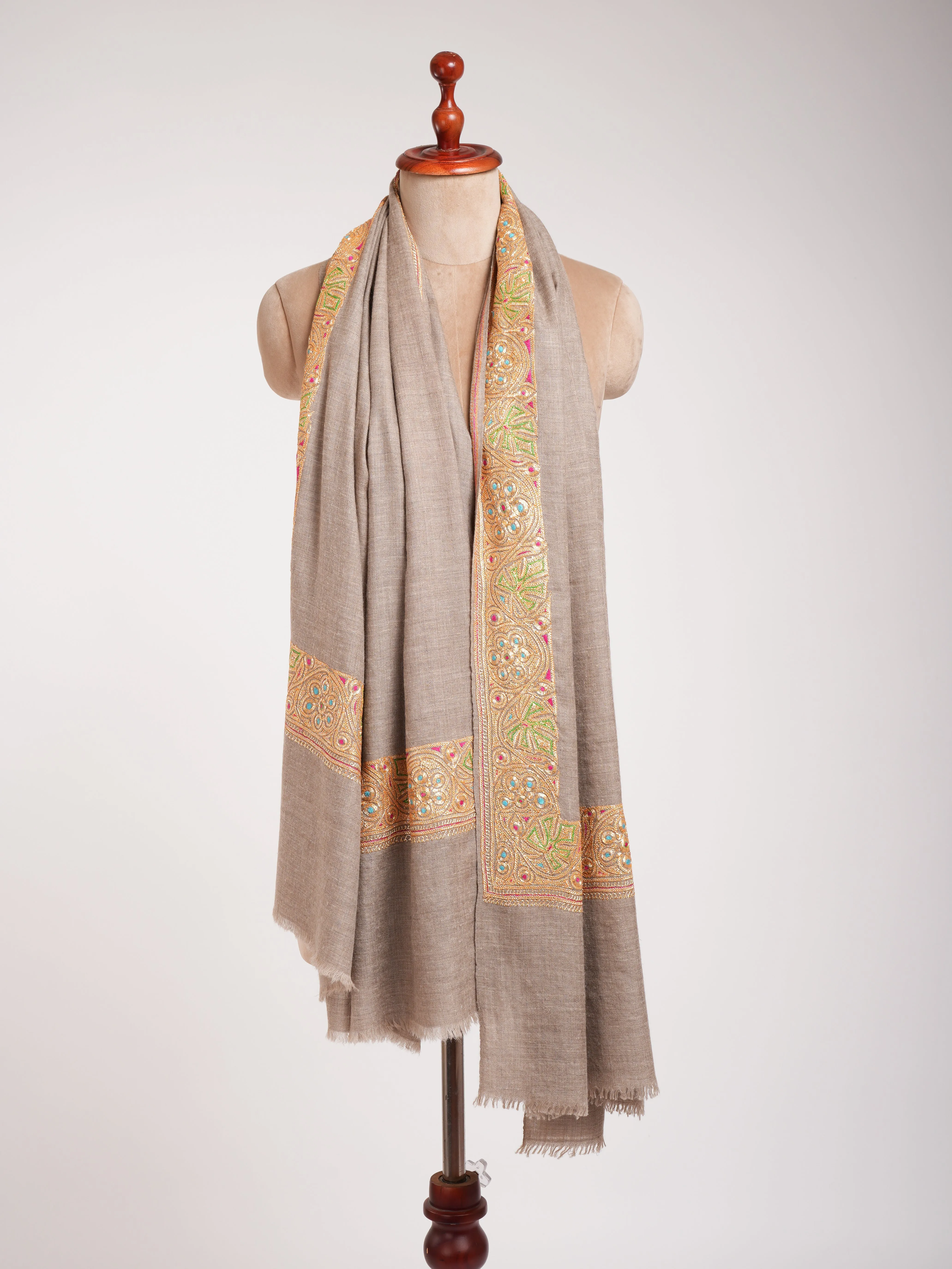 Natural Beige Gold Tilla Embroidered Pashmina Shawl