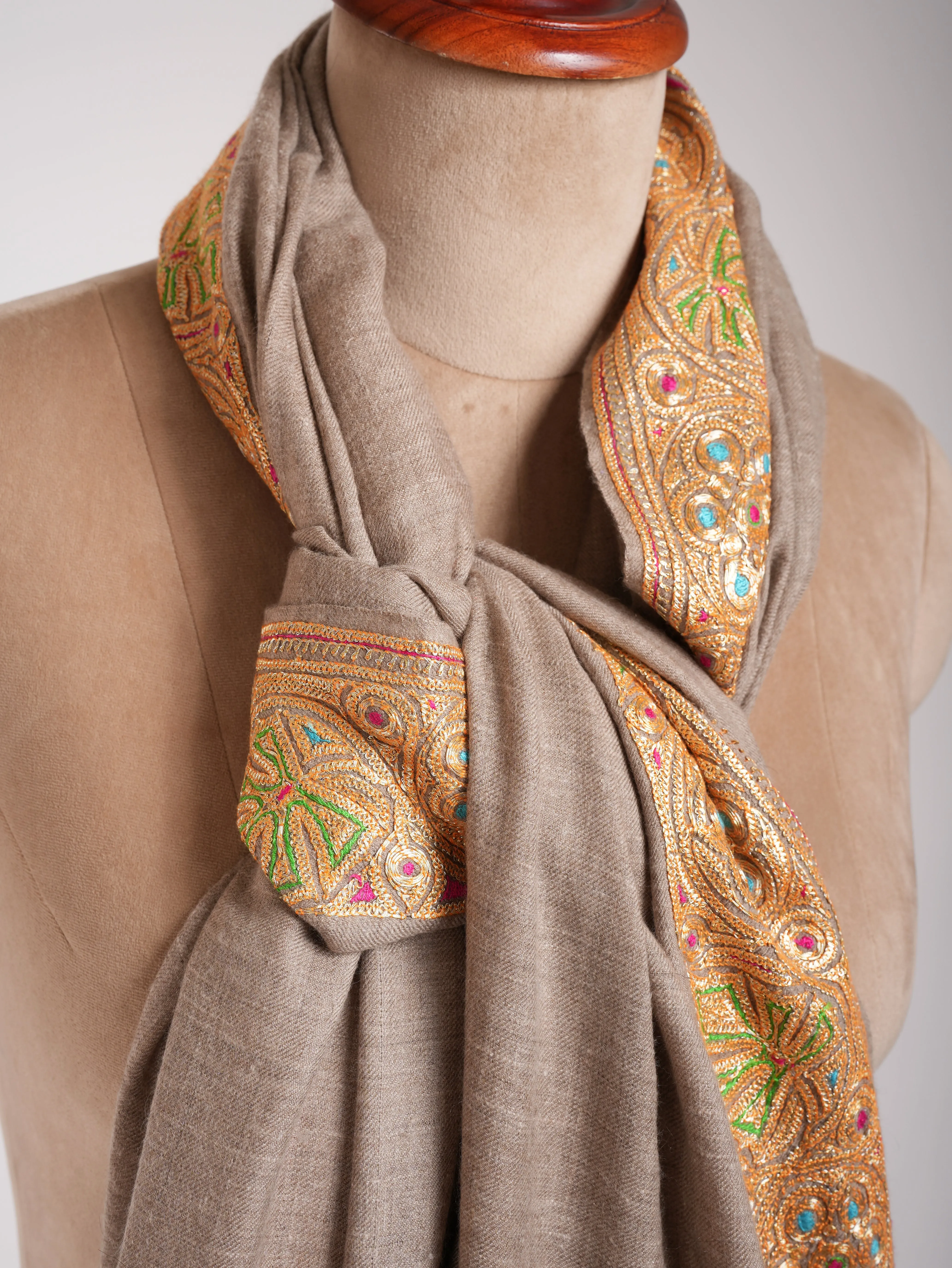 Natural Beige Gold Tilla Embroidered Pashmina Shawl