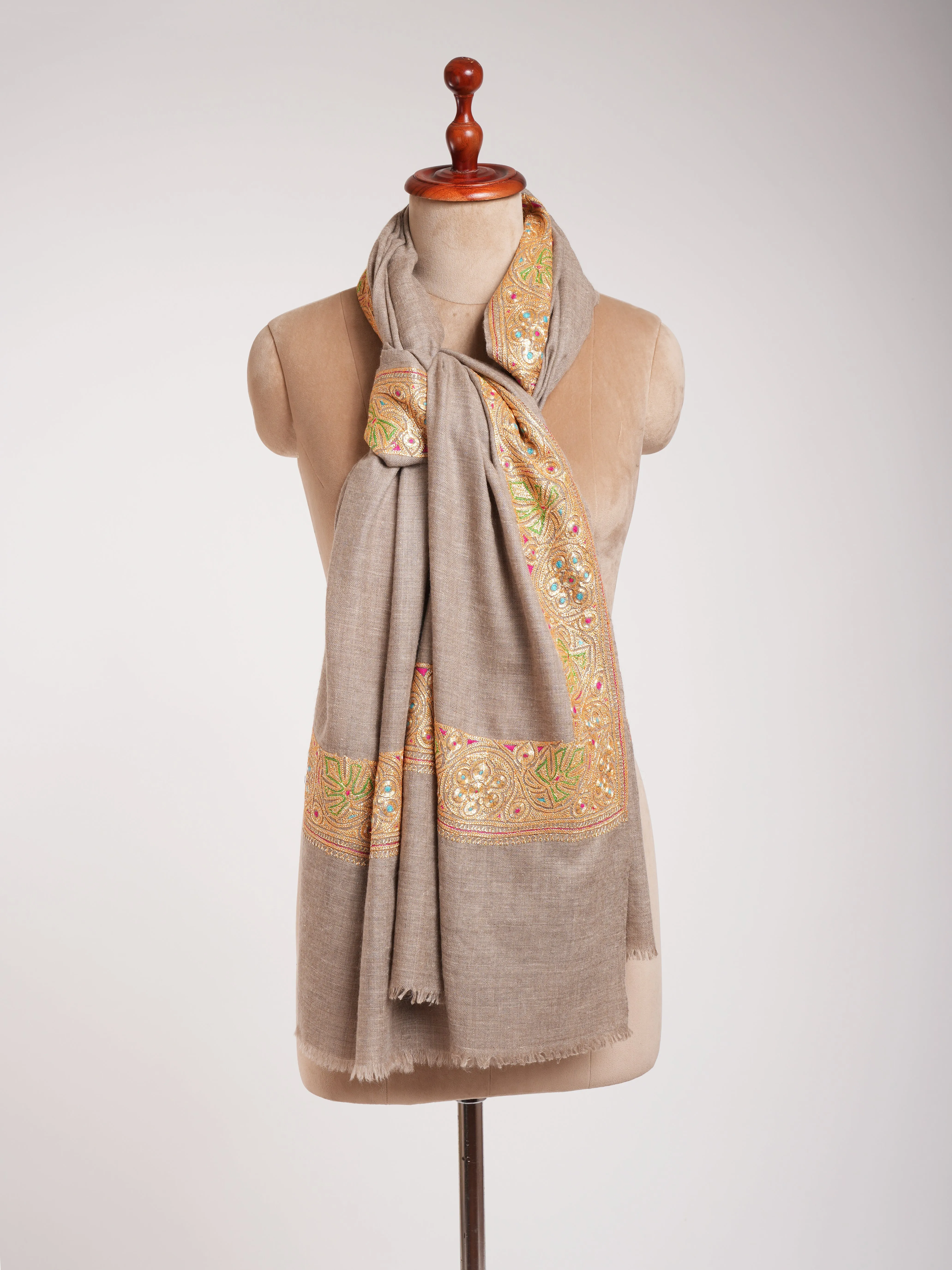 Natural Beige Gold Tilla Embroidered Pashmina Shawl