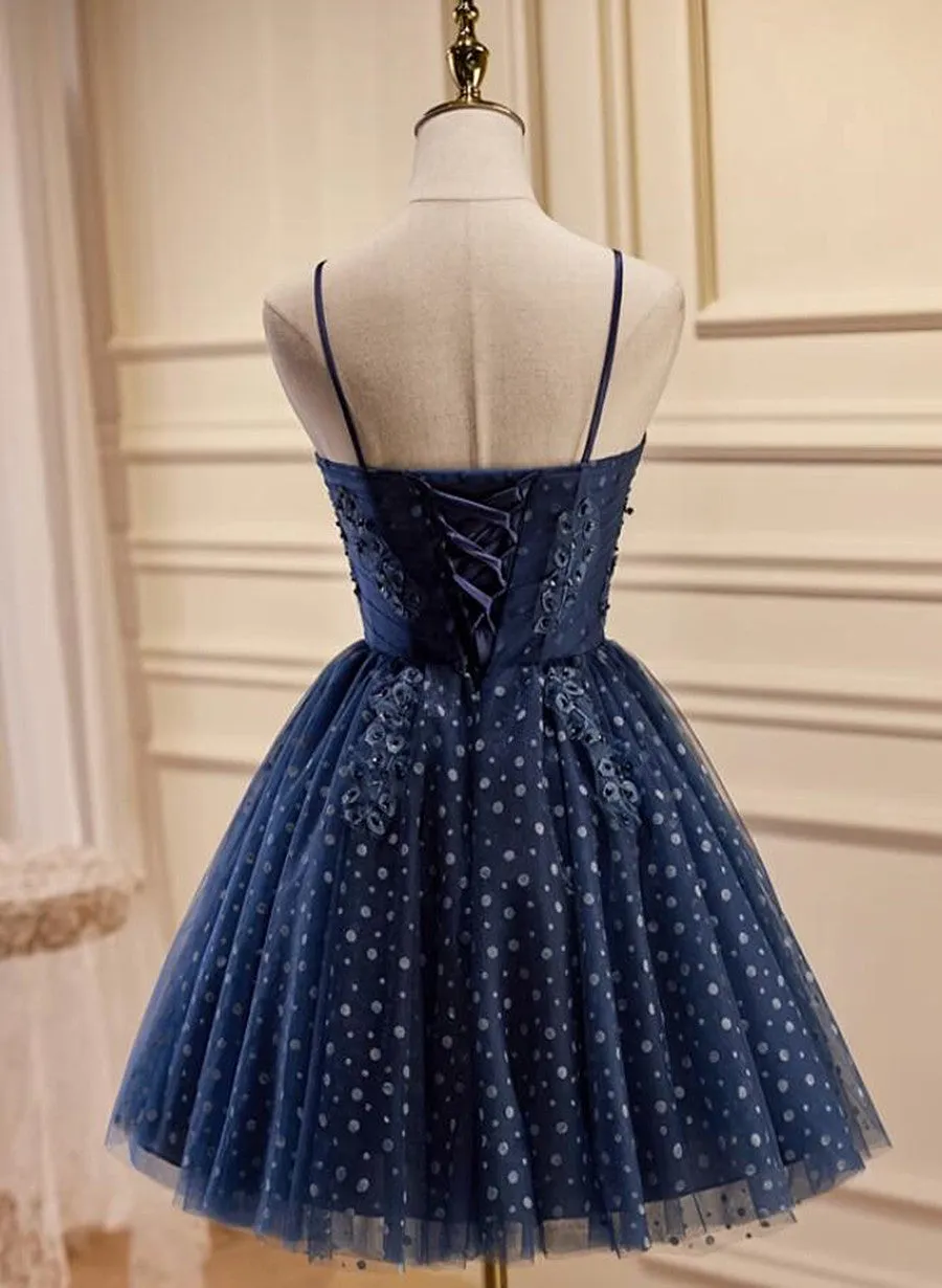 Navy Blue Short Sweetheart Straps Homecoming Dress, Navy Blue Prom Dress