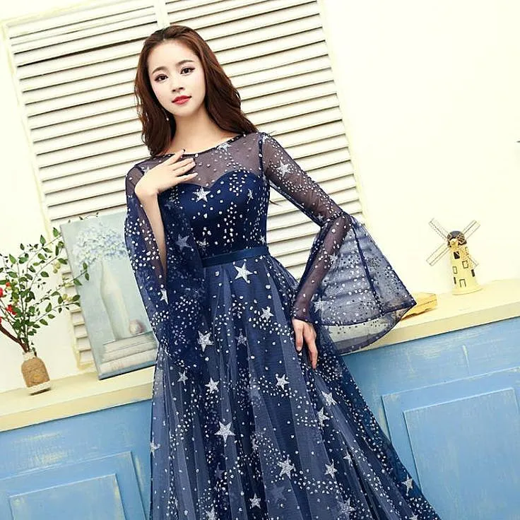 Navy Blue Tulle Puffy Sleeves Long A-line Prom Dress, Navy Blue Formal Dress