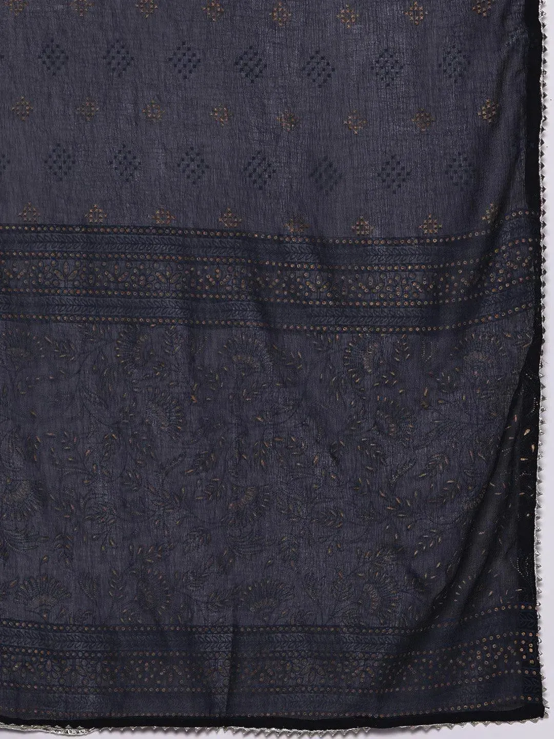 Navy Blue Yoke Design Rayon A-Line Kurta With Trousers & Dupatta