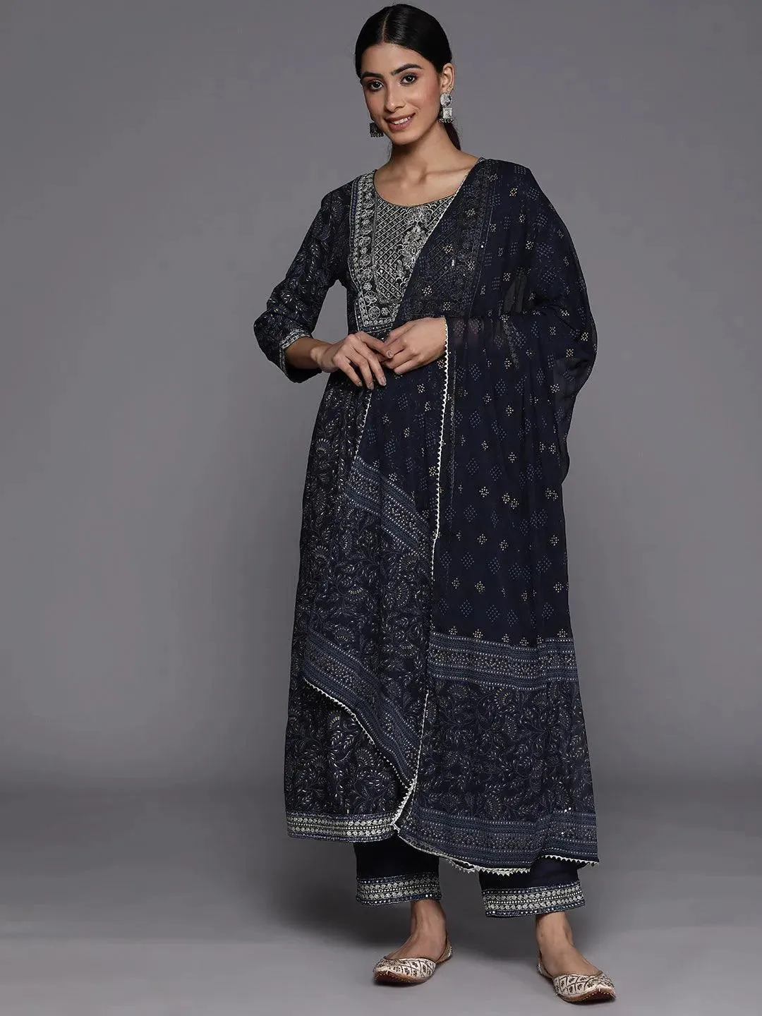 Navy Blue Yoke Design Rayon A-Line Kurta With Trousers & Dupatta