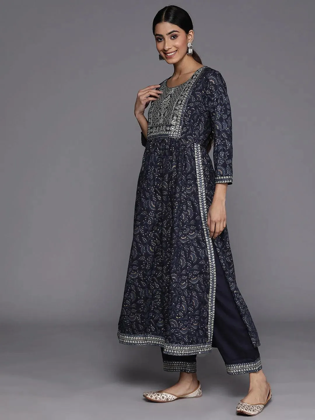 Navy Blue Yoke Design Rayon A-Line Kurta With Trousers & Dupatta