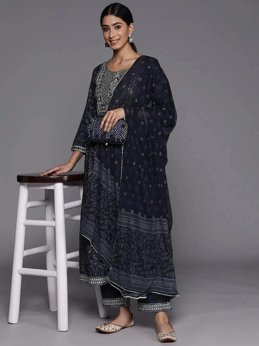 Navy Blue Yoke Design Rayon A-Line Kurta With Trousers & Dupatta