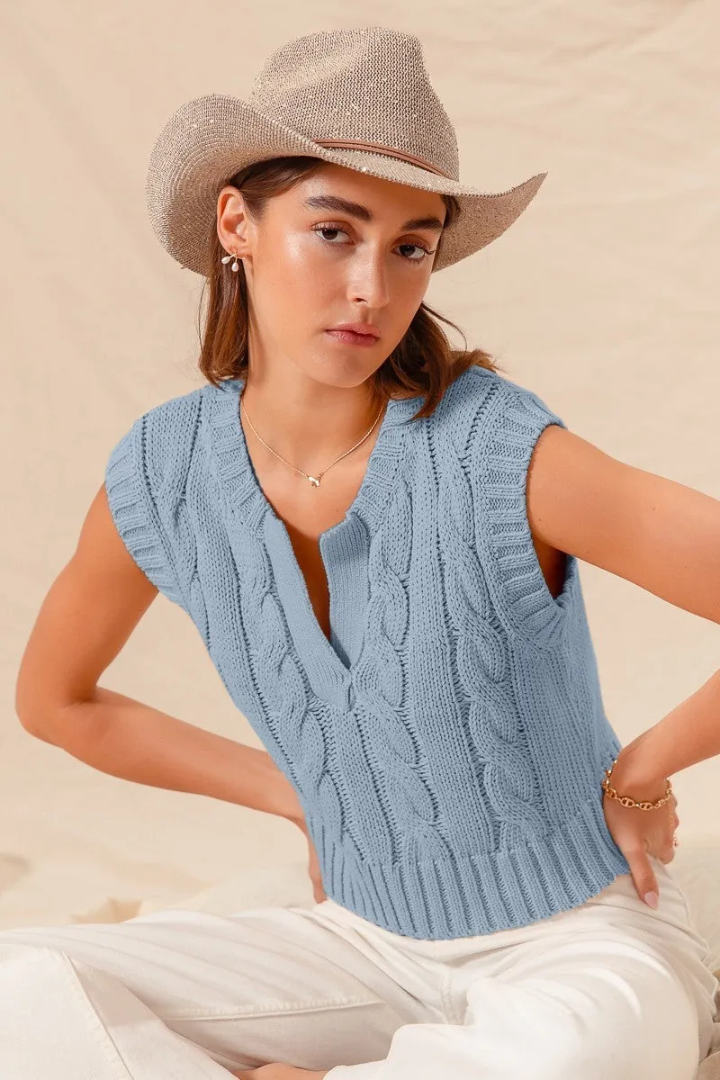 Notched Neck Cable Knit Sweater Vest