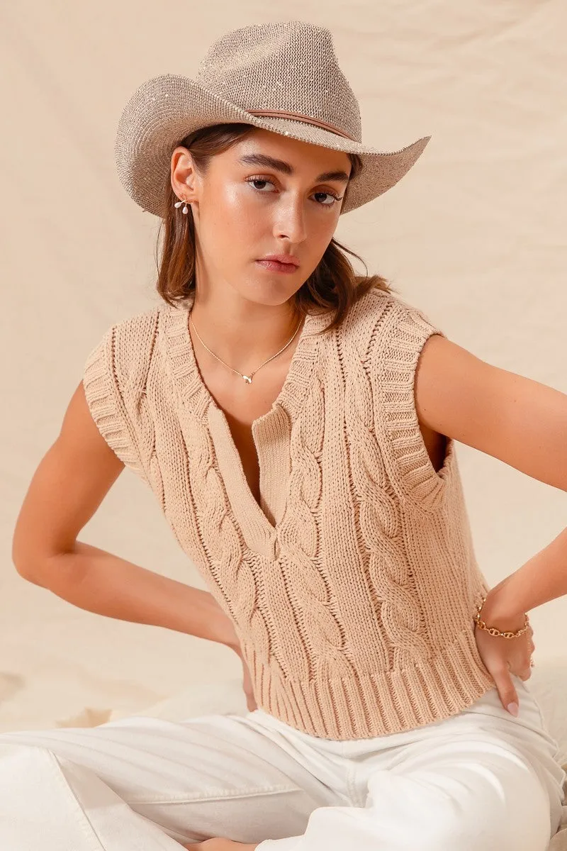 Notched Neck Cable Knit Sweater Vest