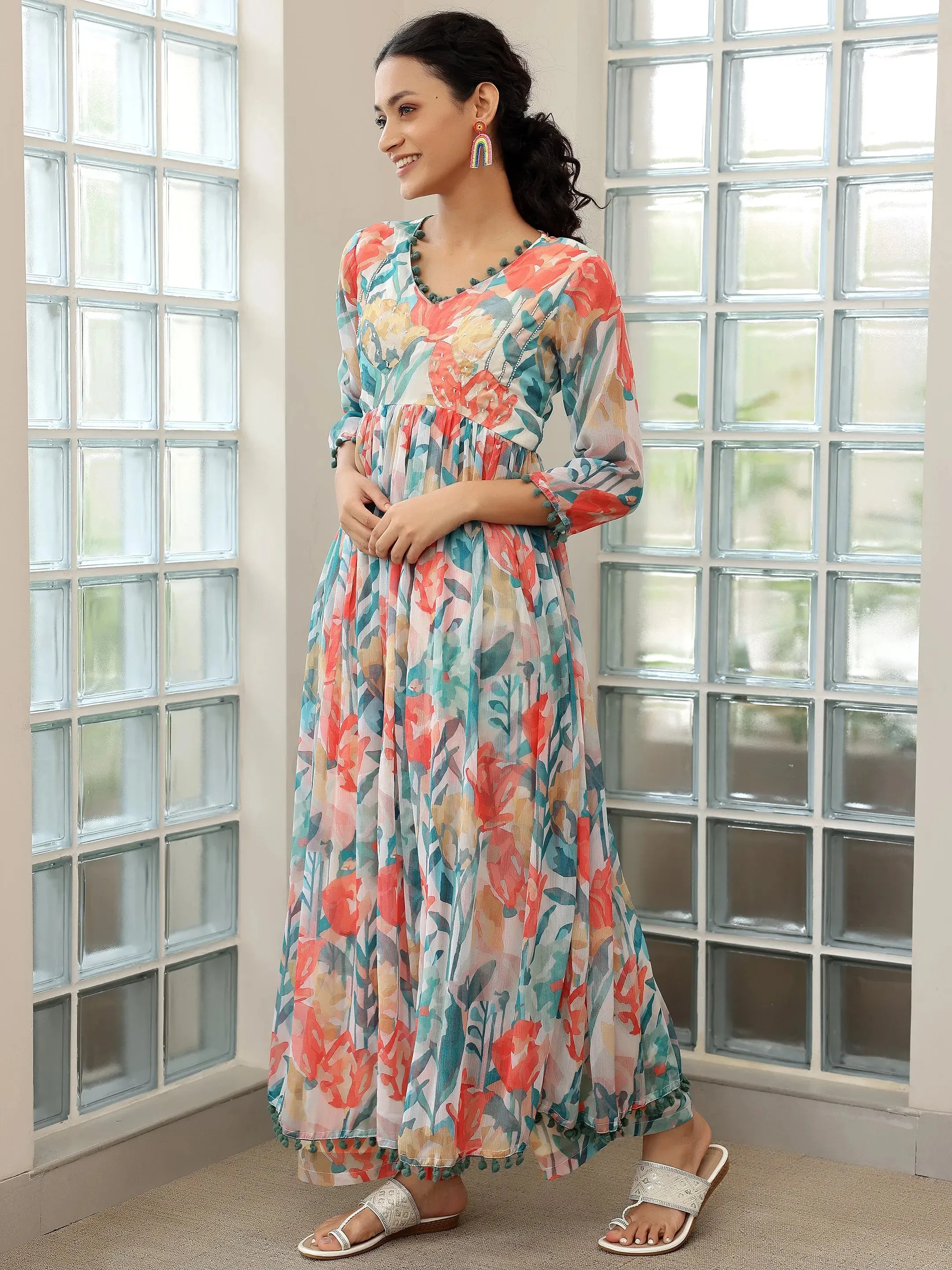 Off white Printed Poly Chiffon A-Line Kurta With Palazzos & Dupatta