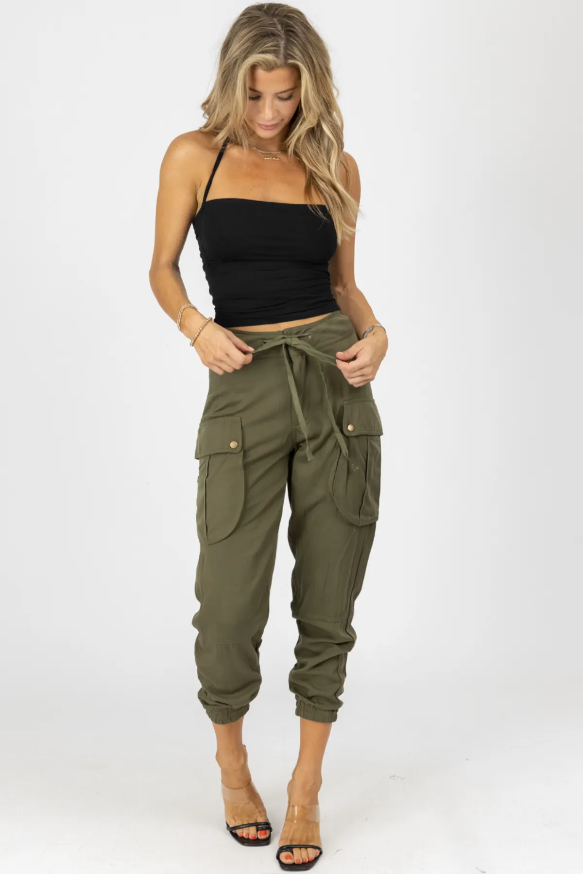 OLIVE CARGO WAIST TIE JOGGERS