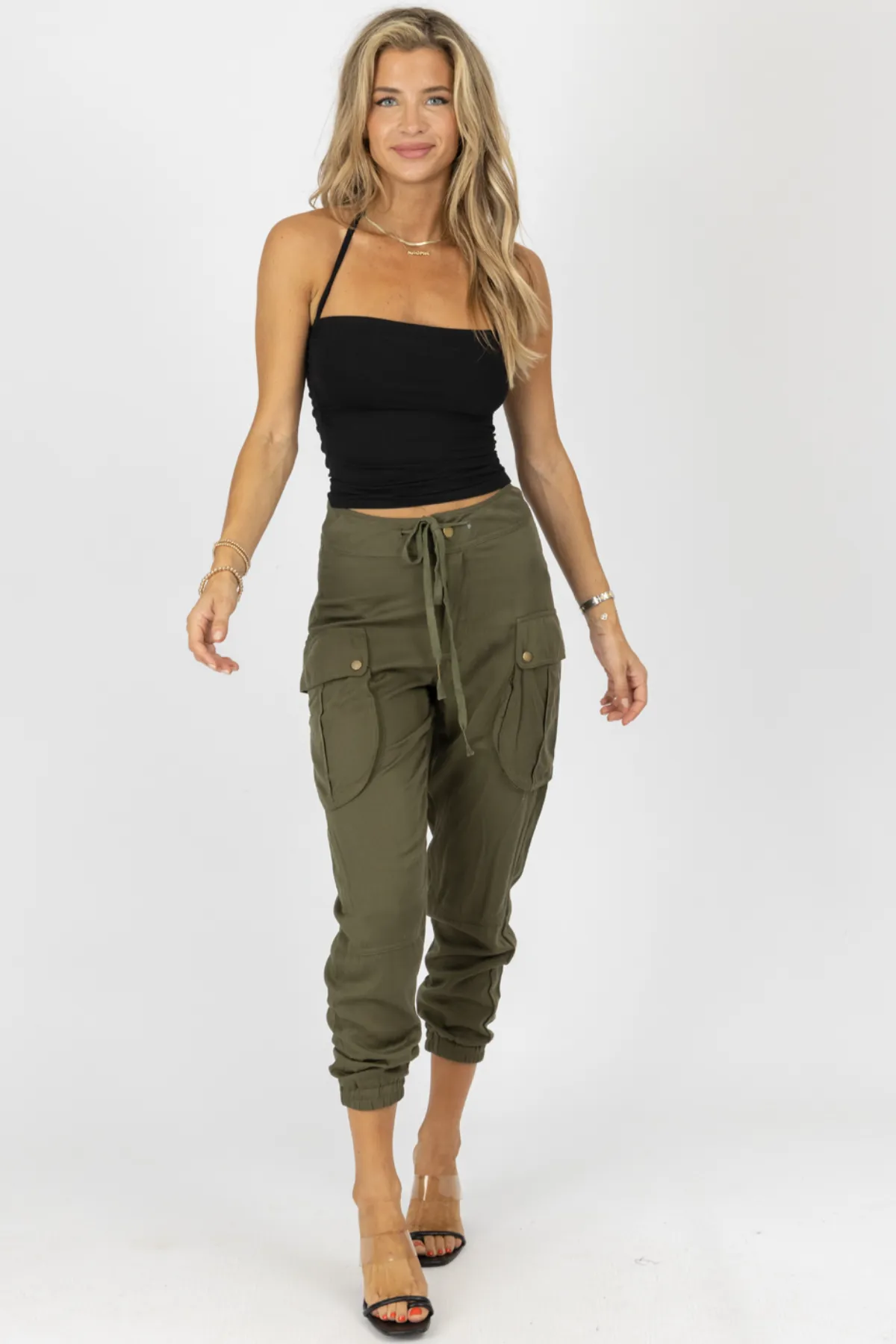 OLIVE CARGO WAIST TIE JOGGERS