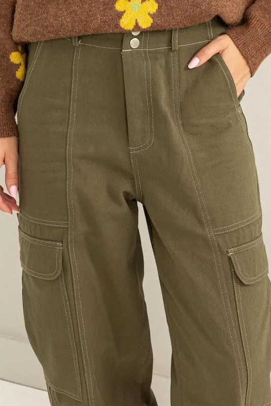 Olive Contrast Stitch Twill Cargo Pants