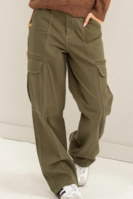 Olive Contrast Stitch Twill Cargo Pants