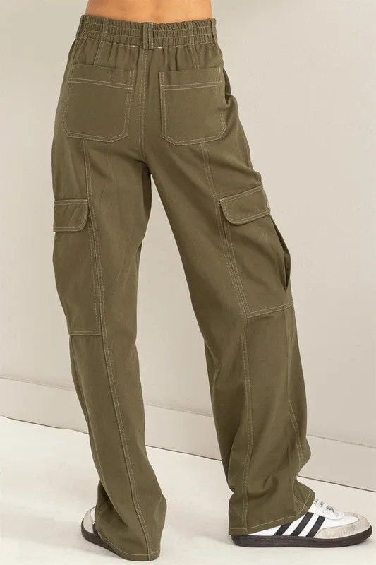 Olive Contrast Stitch Twill Cargo Pants