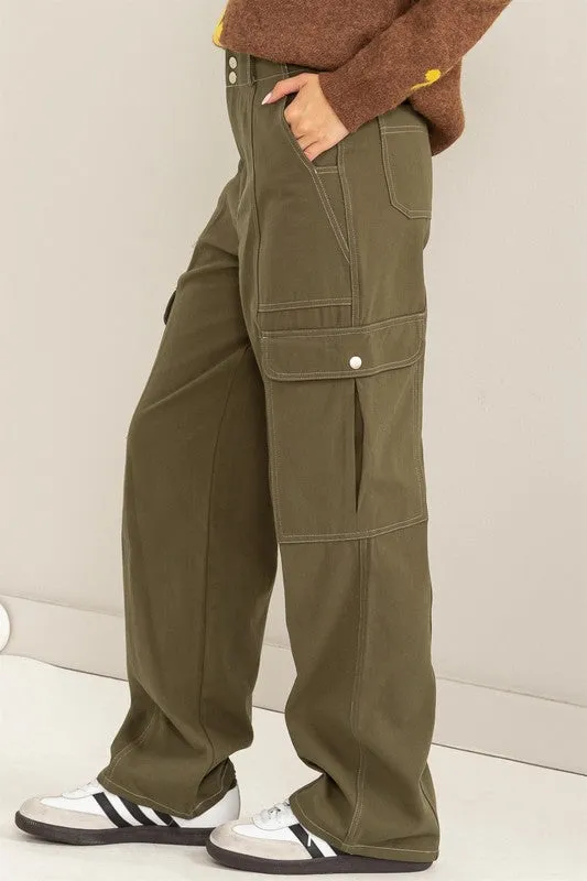 Olive Contrast Stitch Twill Cargo Pants