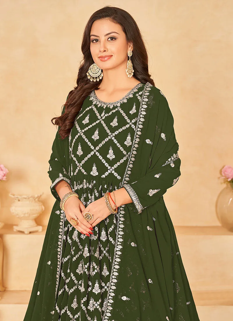 Olive Green Embroidered Traditional Georgette Anarkali Suit