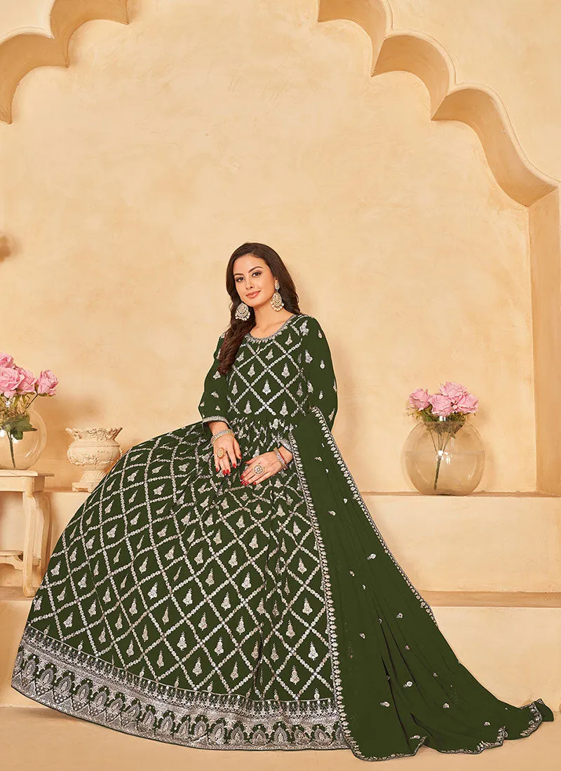 Olive Green Embroidered Traditional Georgette Anarkali Suit