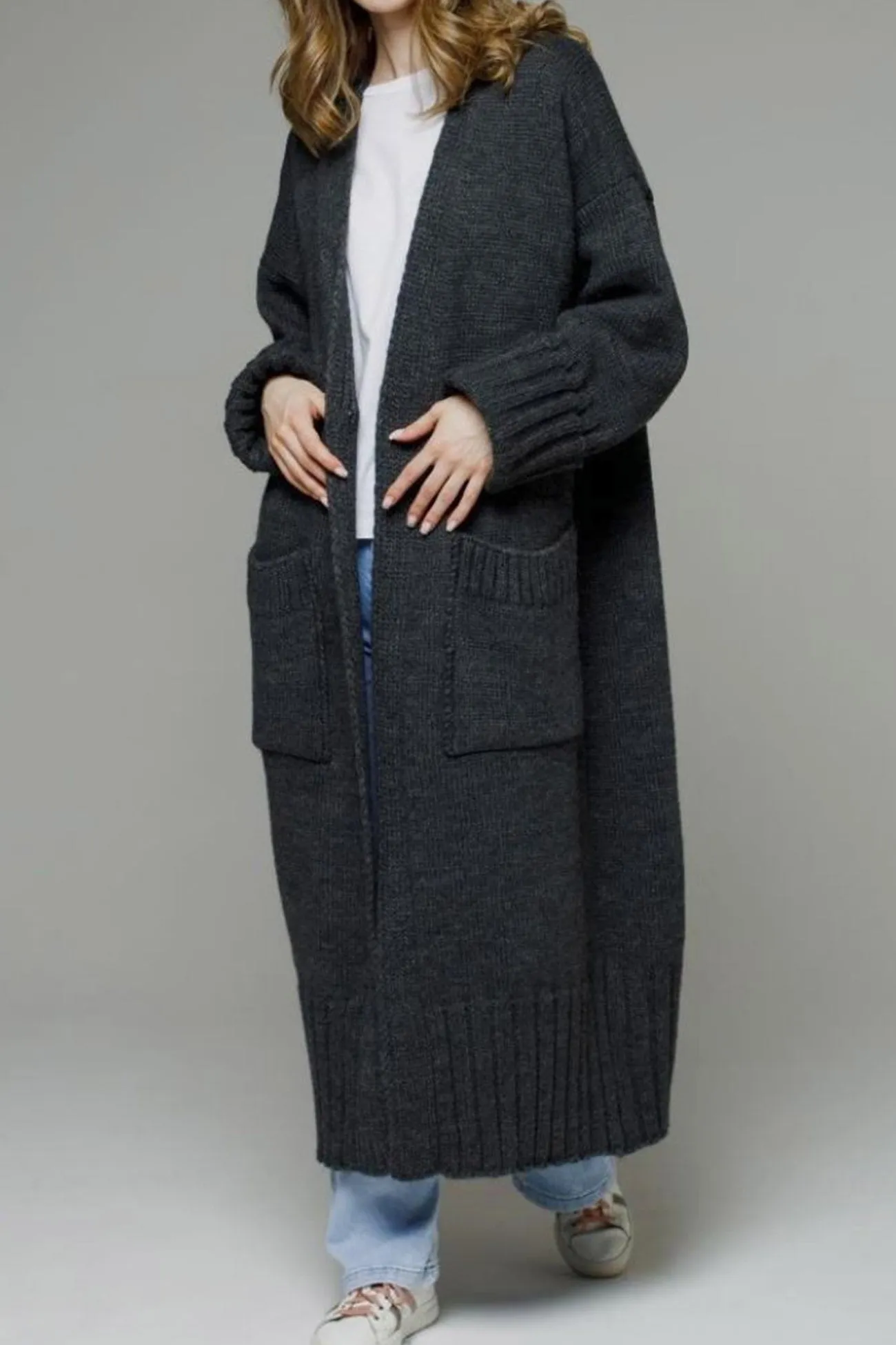 Open Front Pocketed Long Cardigan