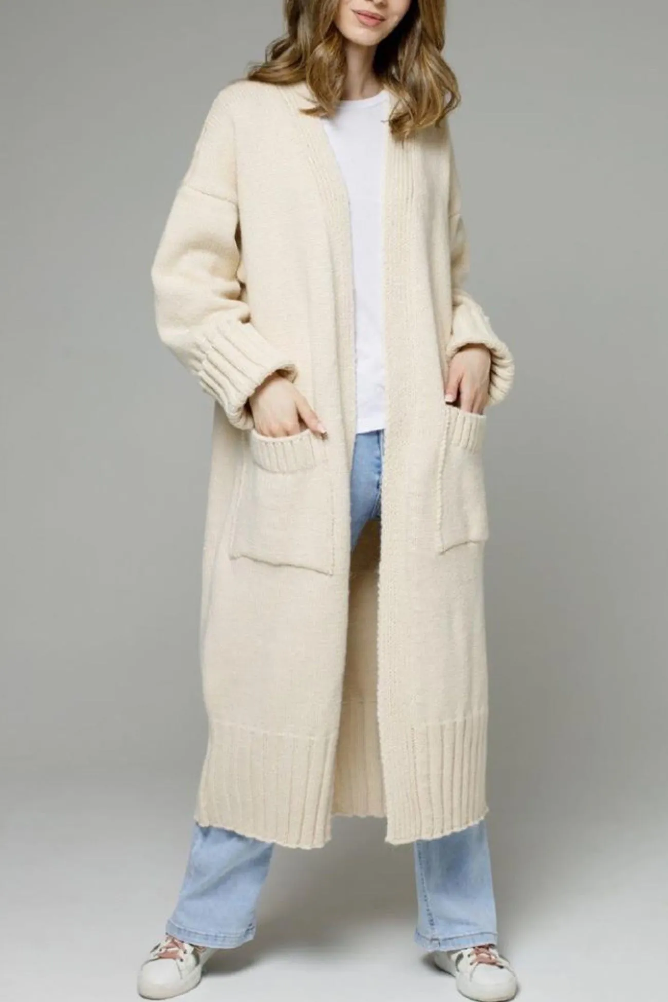 Open Front Pocketed Long Cardigan