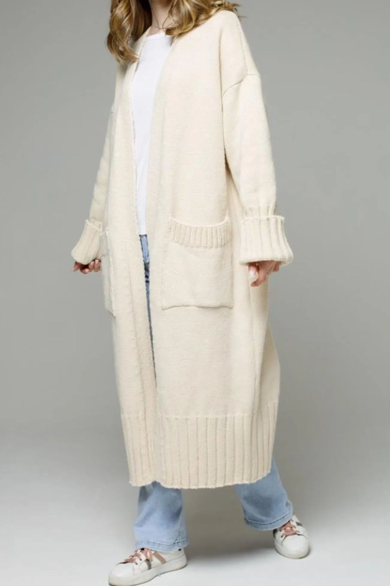 Open Front Pocketed Long Cardigan