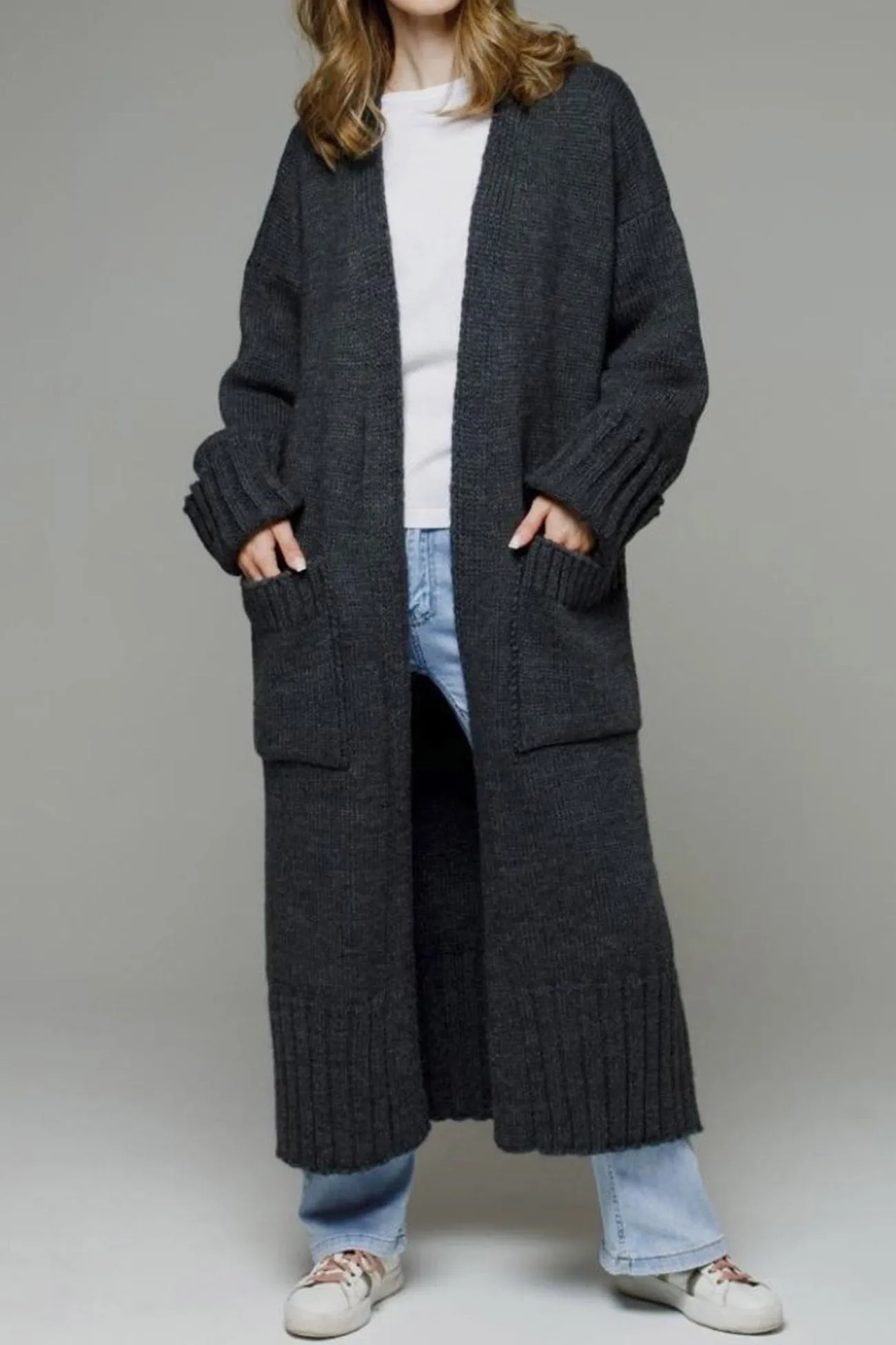 Open Front Pocketed Long Cardigan